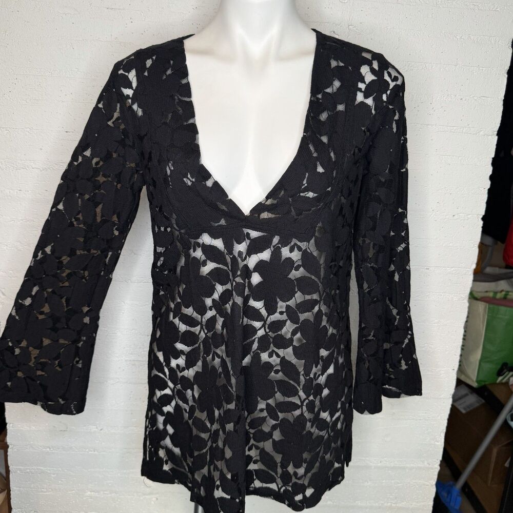 Lace Long-Sleeve Deep-V Tunic M Whimsigoth Fairygoth Witchy Boho-Chic Romantic - Picture 2 of 5
